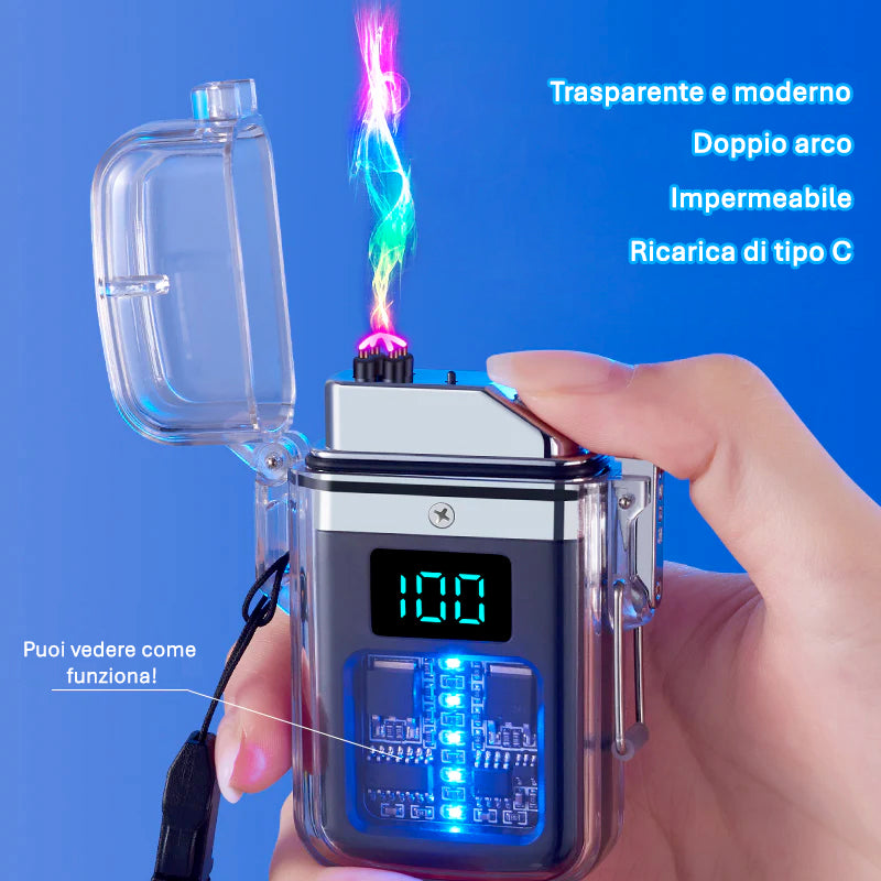 ACCENDINO ELETTRONICO LUMINOSO IMPERMEABILE AD ARCO AL PLASMA
